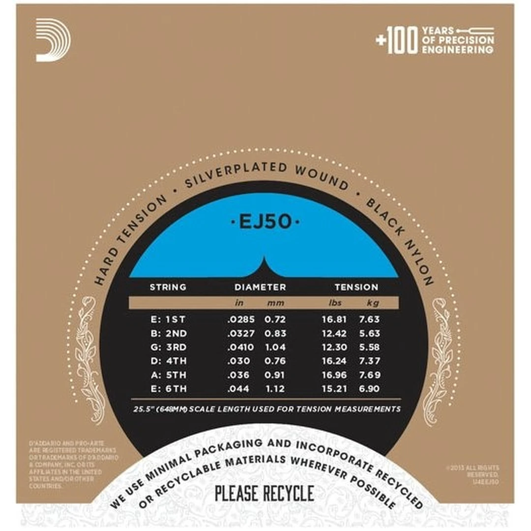 Струны для классической гитары D'Addario EJ50 Black nylon, Hard Tension