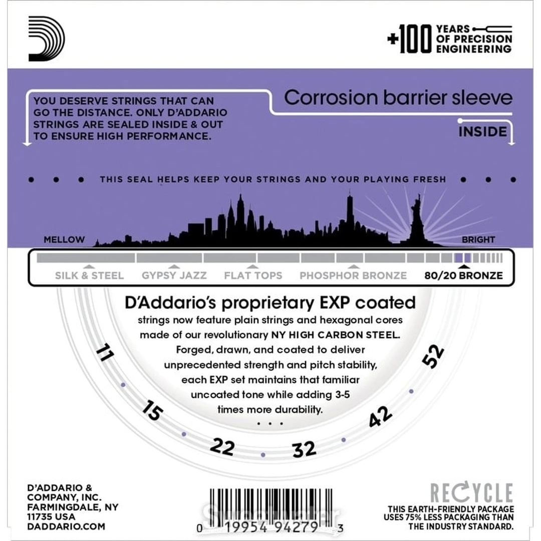 Струны для акустической гитары D'Addario EXP13 Custom Light 11-52