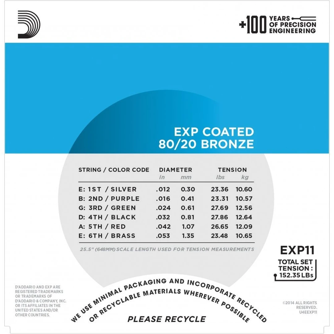 Струны для акустической гитары D’Addario EXP11-3D Coated 12-53