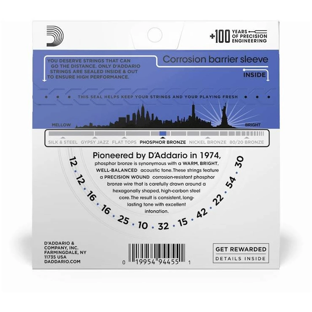 Струны для 12-ти струнной акустической гитары D’addario EJ37 12-54