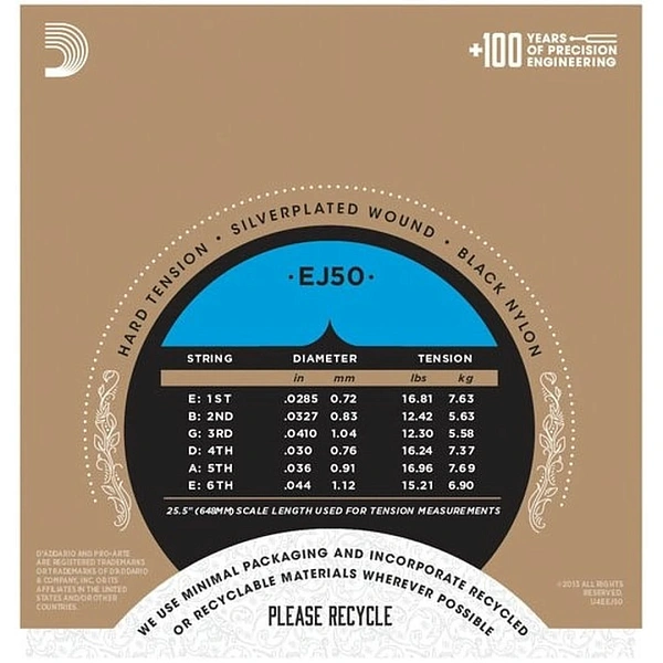Струны для классической гитары D'Addario EJ50 Black nylon, Hard Tension