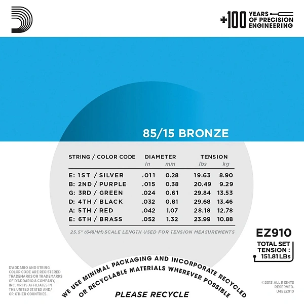 Струны для акустической гитары D'Addario EZ910 11-52