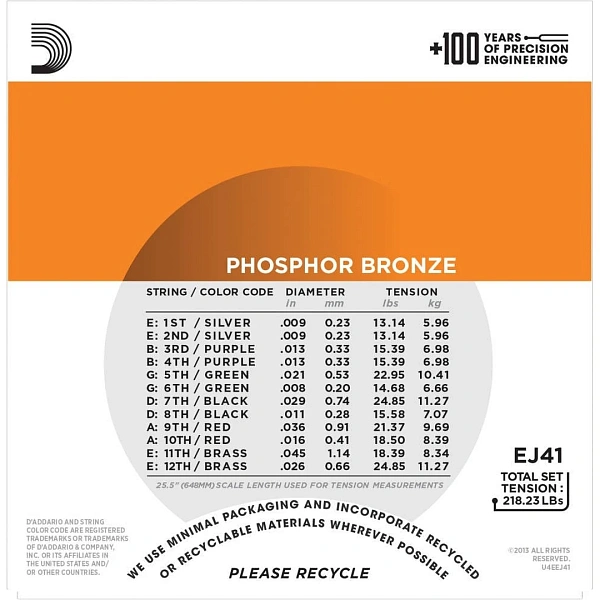 Струны для 12-ти струнной акустической гитары D’Addario EJ41 09-45