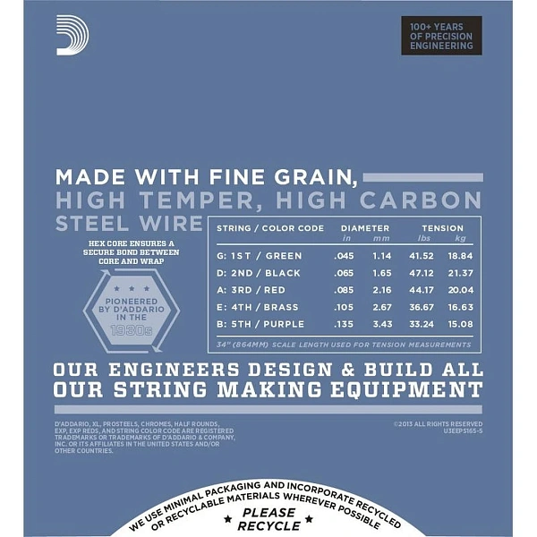 Струны для бас-гитары D'Addario EPS165-5 45-135