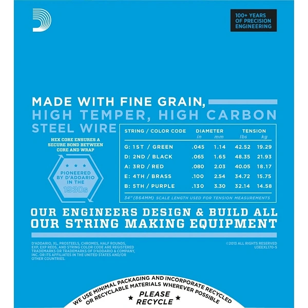 Струны для бас гитар D'Addario EXL170-5 45-130 5-String